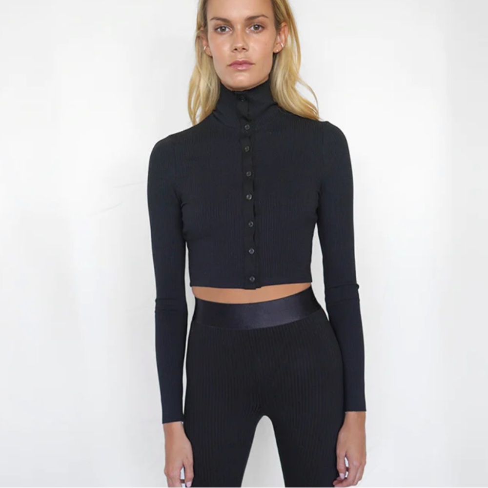THE RANGE black Alloy rib cropped button turtleneck